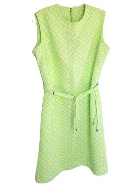 VTG 60s Lorac Original Mod Dress Lime Green White Geometric Shift Belted L/XL